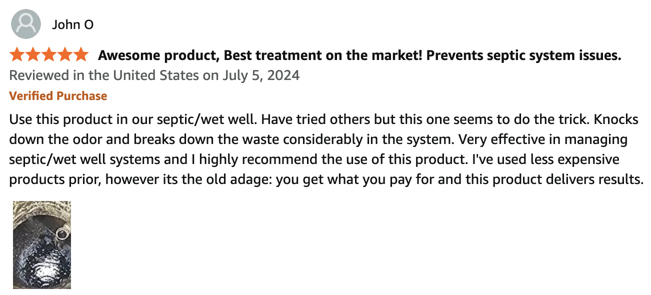 Verified Amazon review of Septifix septic tank treatment - John O, 5 stars