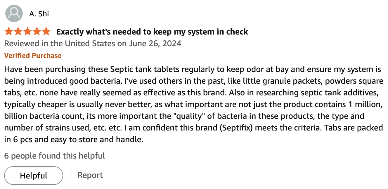 Verified Amazon review of Septifix septic tank treatment - A. Shi, 5 stars